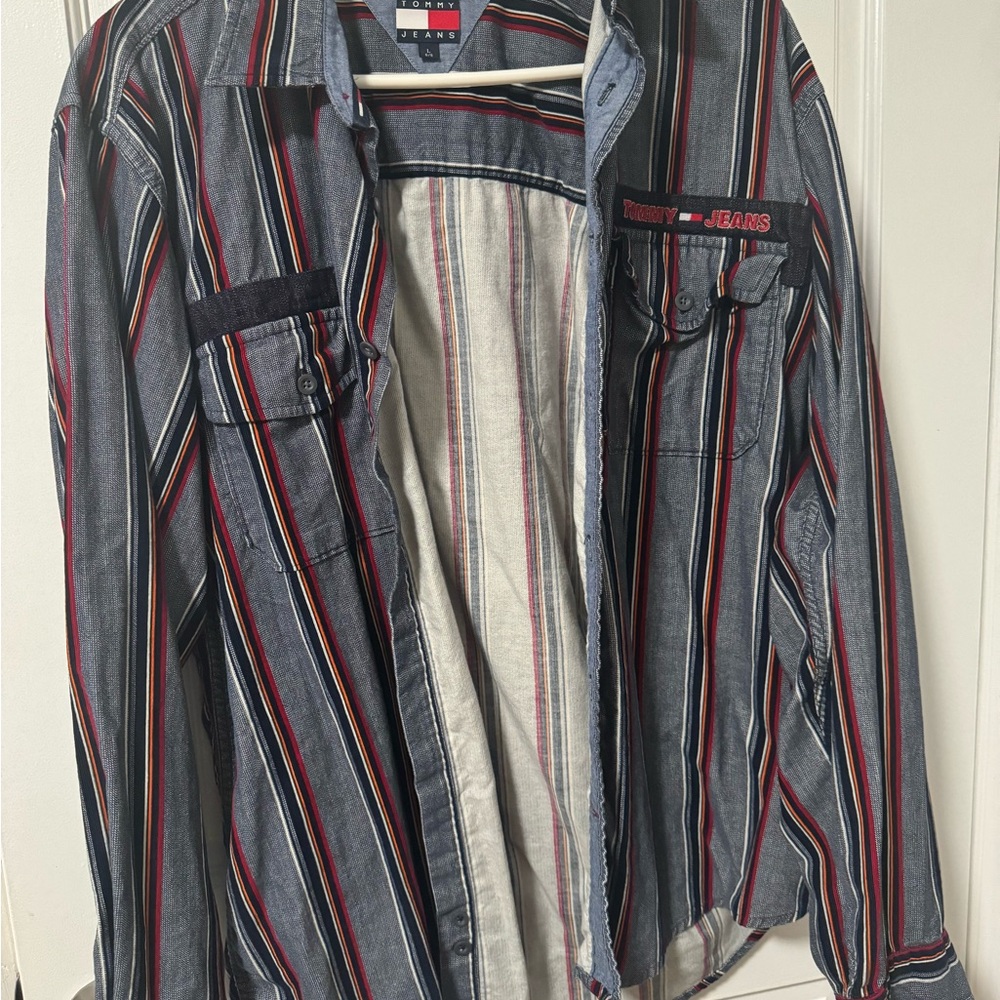 Vintage Tommy Hilfiger Men's Striped Button Up - Blue and Red